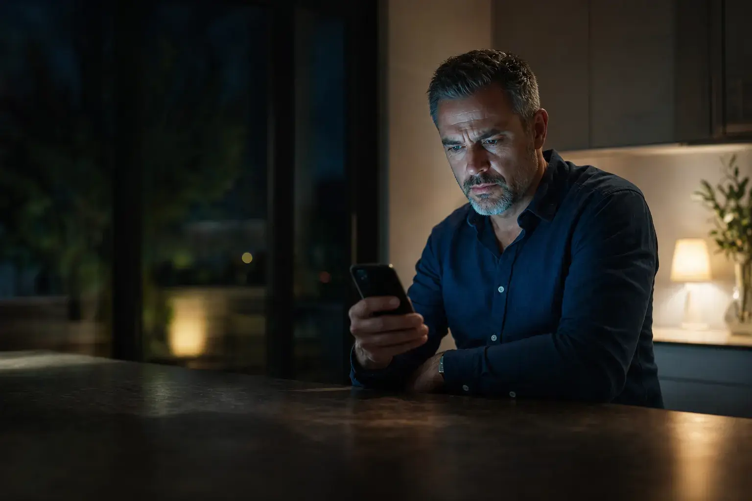 Business owner reviewing a private observation on his phone at night